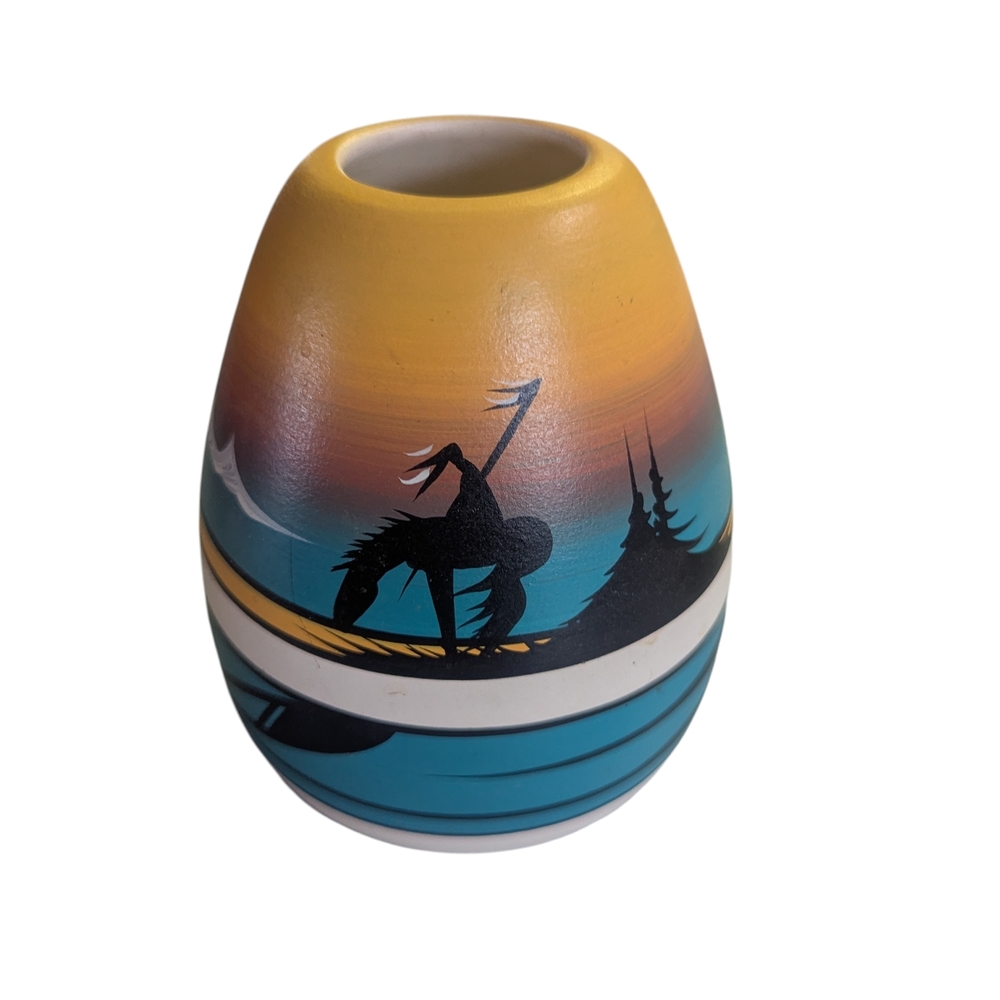 Southwestern Ceramic Vase – Native American on Horseback Desert Scene